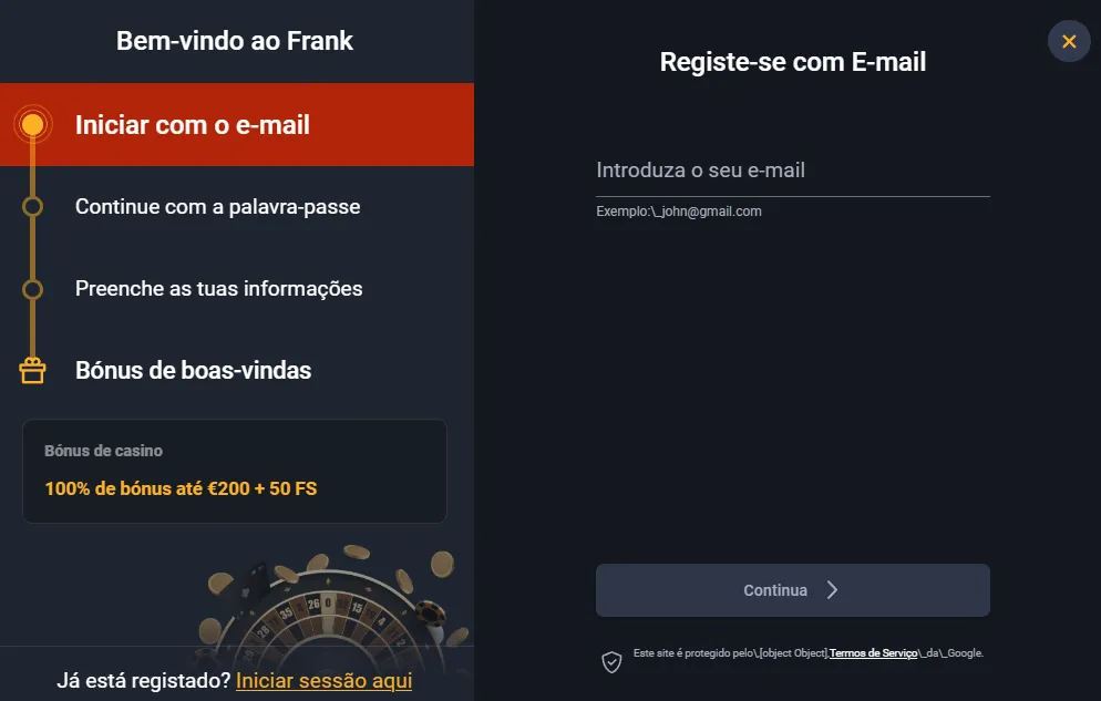 Inscrição no Frank Casino